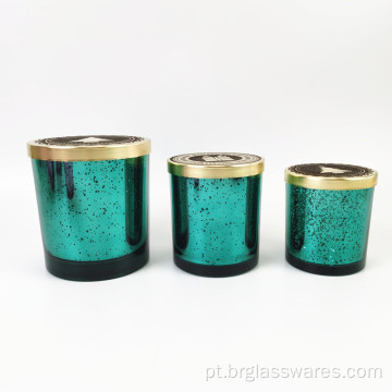 Frasco de vidro para velas com acabamento em mercúrio verde e tampa estilo natal